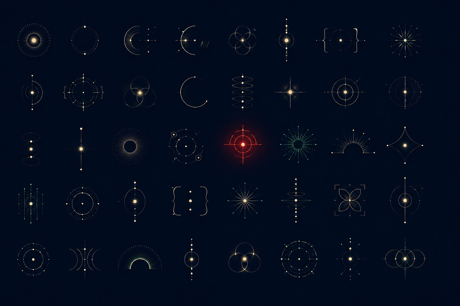 Abstract illustration: a constellation of instrument glyphs floating on deep blue