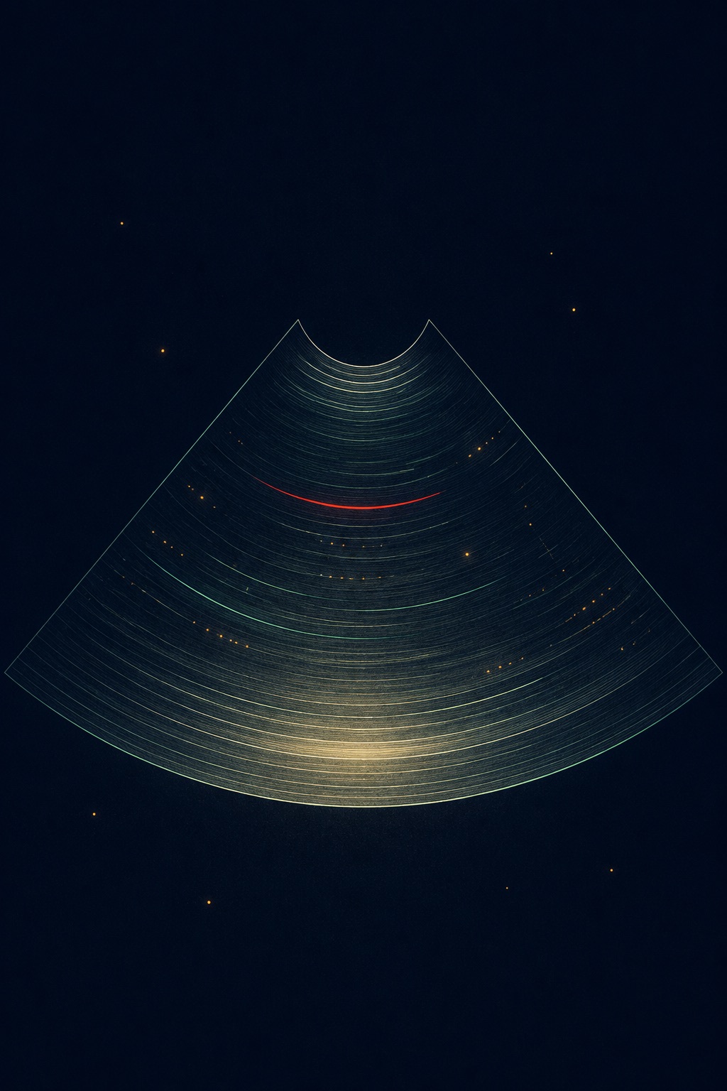 Abstract illustration: a luminous ultrasound fan of concentric arcs in green and cream on deep blue
