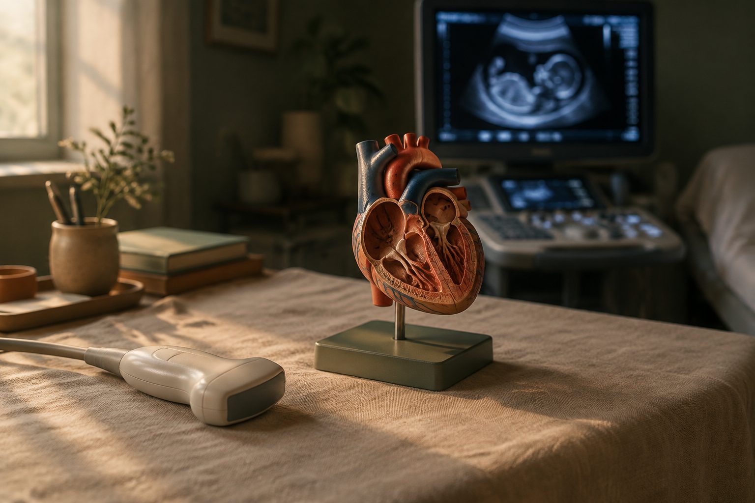 An ultrasound probe resting beside an anatomical model of a fetal heart on a linen-covered desk in a dim consulting room
