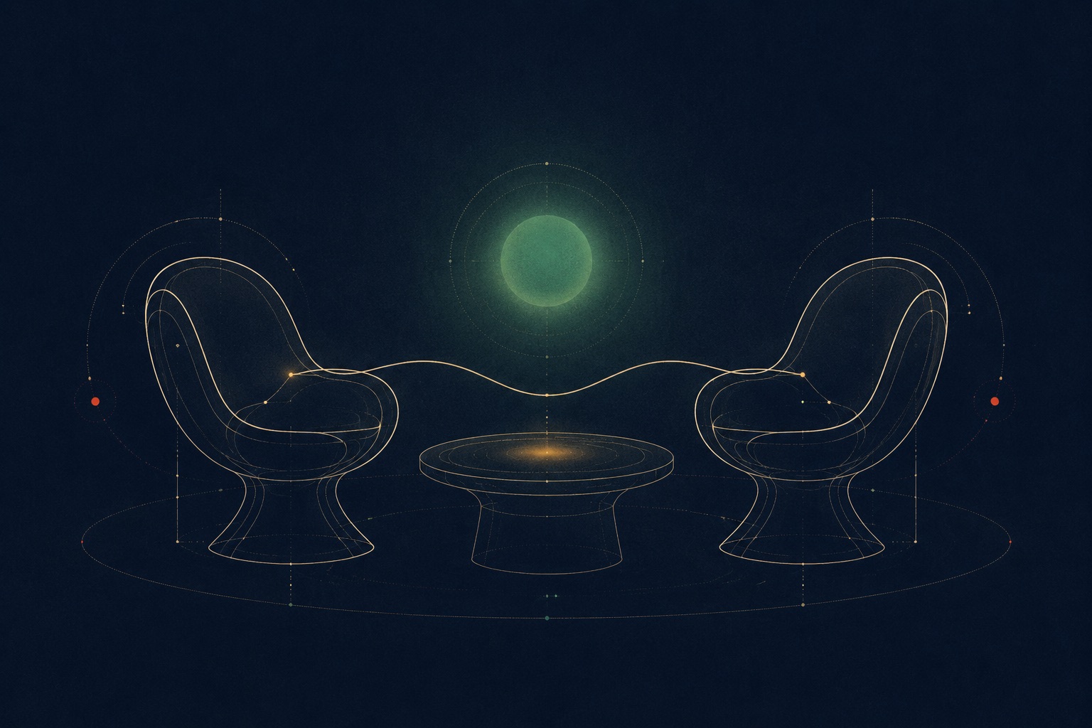 Abstract illustration: two chairs facing each other over a small table with a glowing circle between them