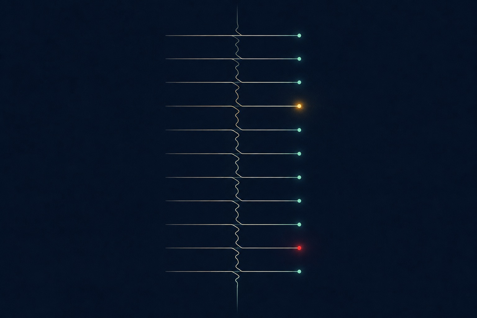 Abstract illustration: a vertical timeline of lines ending in colored dots