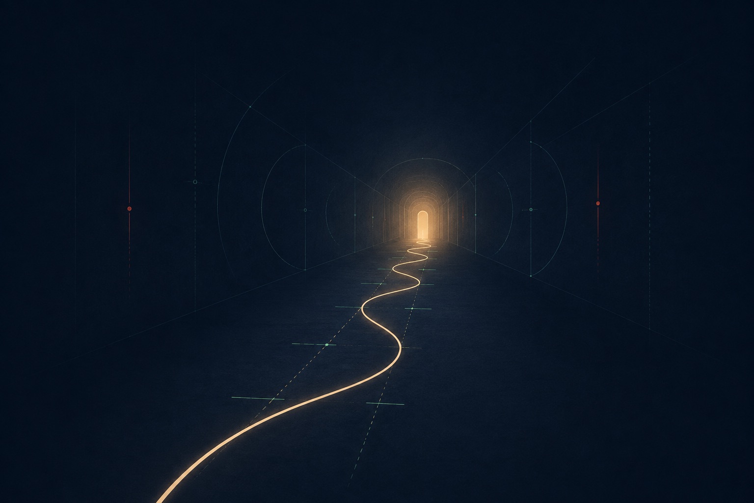 Abstract illustration: a dark corridor with a distant warm glow and a single thin line leading toward it